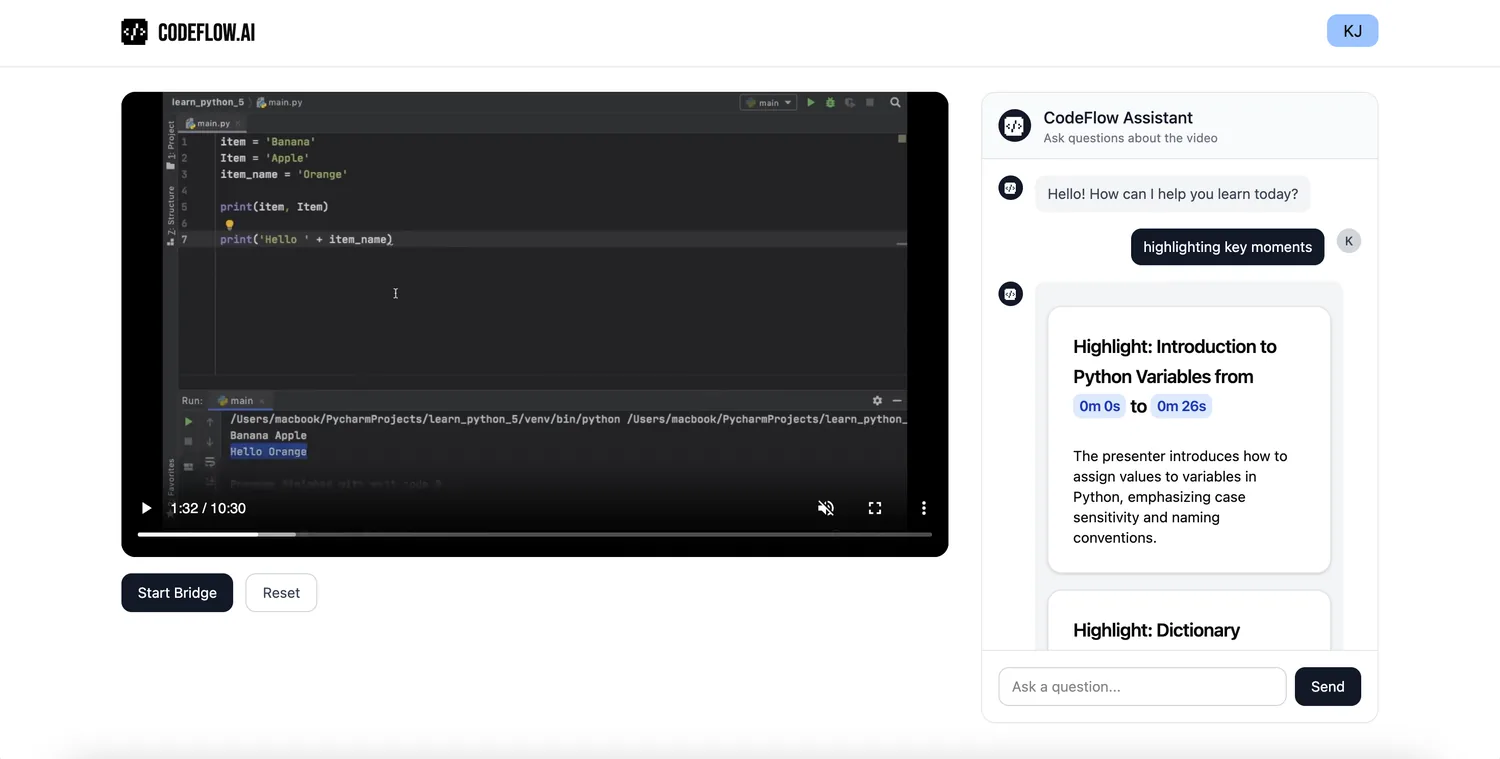A lesson streaming out of GridFS, with the assistant pulling timestamped highlights from the video.